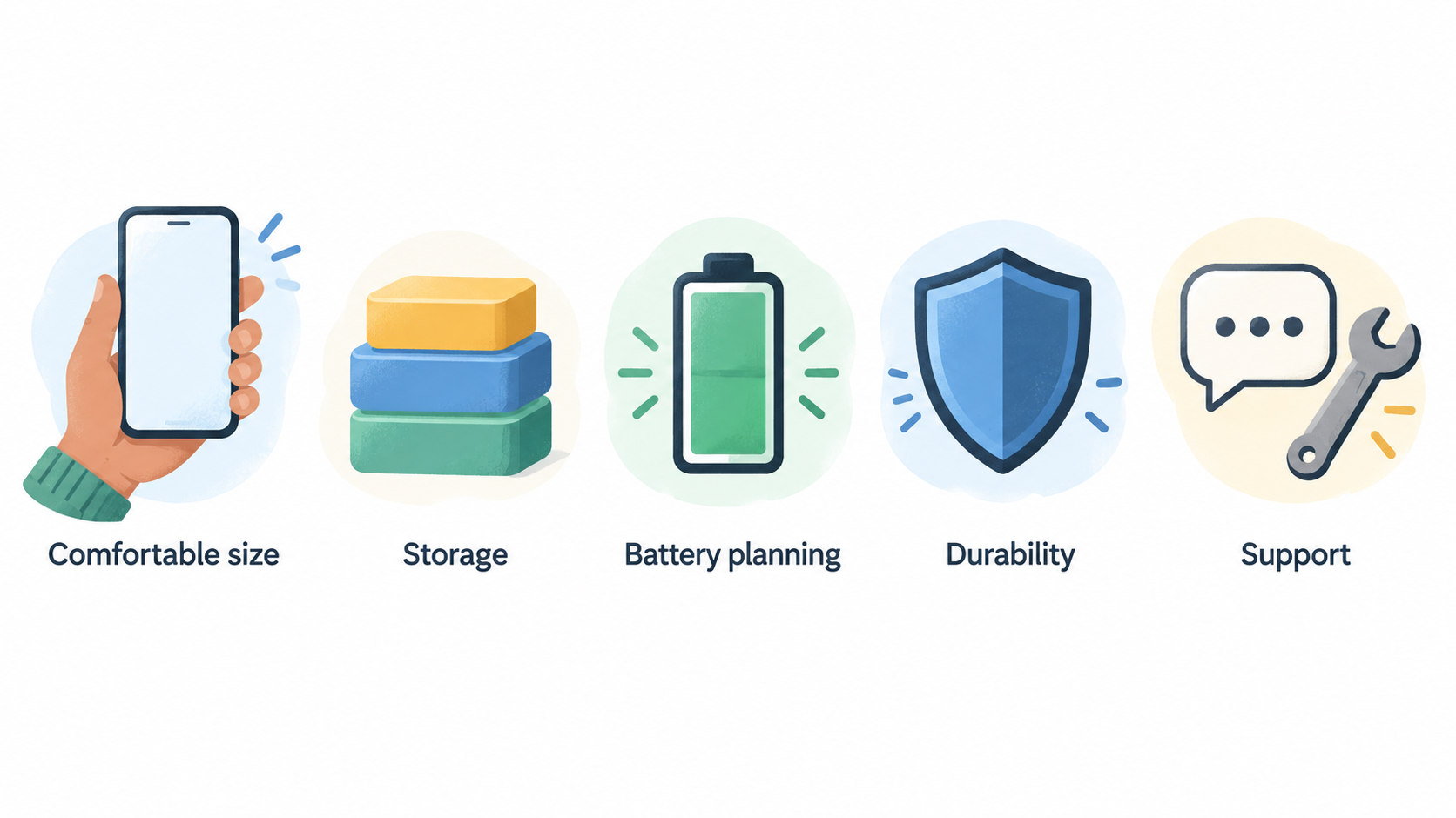 Show five everyday phone tasks as a single row of labeled icons, helping readers identify what their phone needs to do reliably.