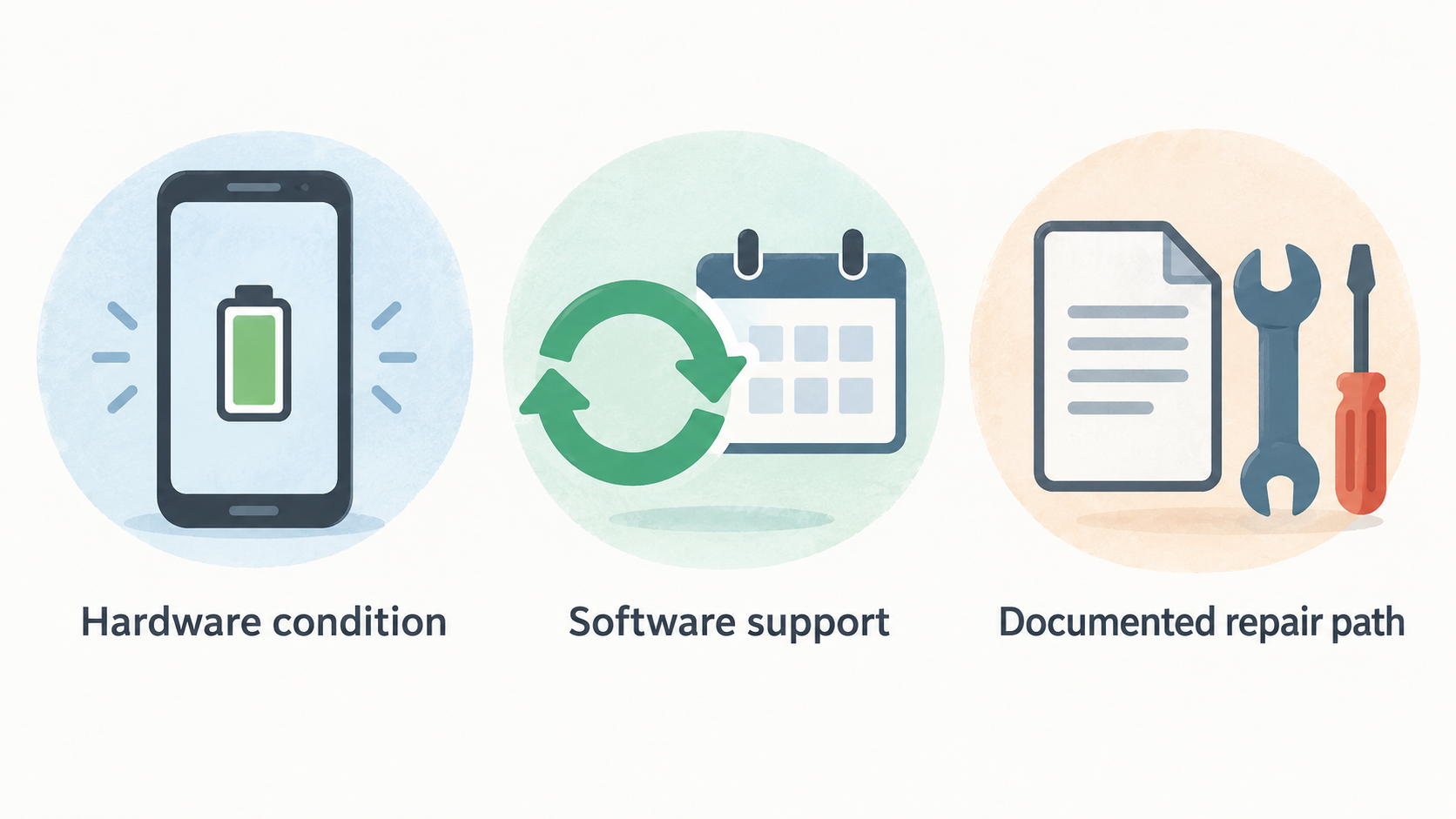 Show one three-point numbered checklist of the section’s stated ownership questions: exact-phone software support, a documented component repair path, and whether that route is