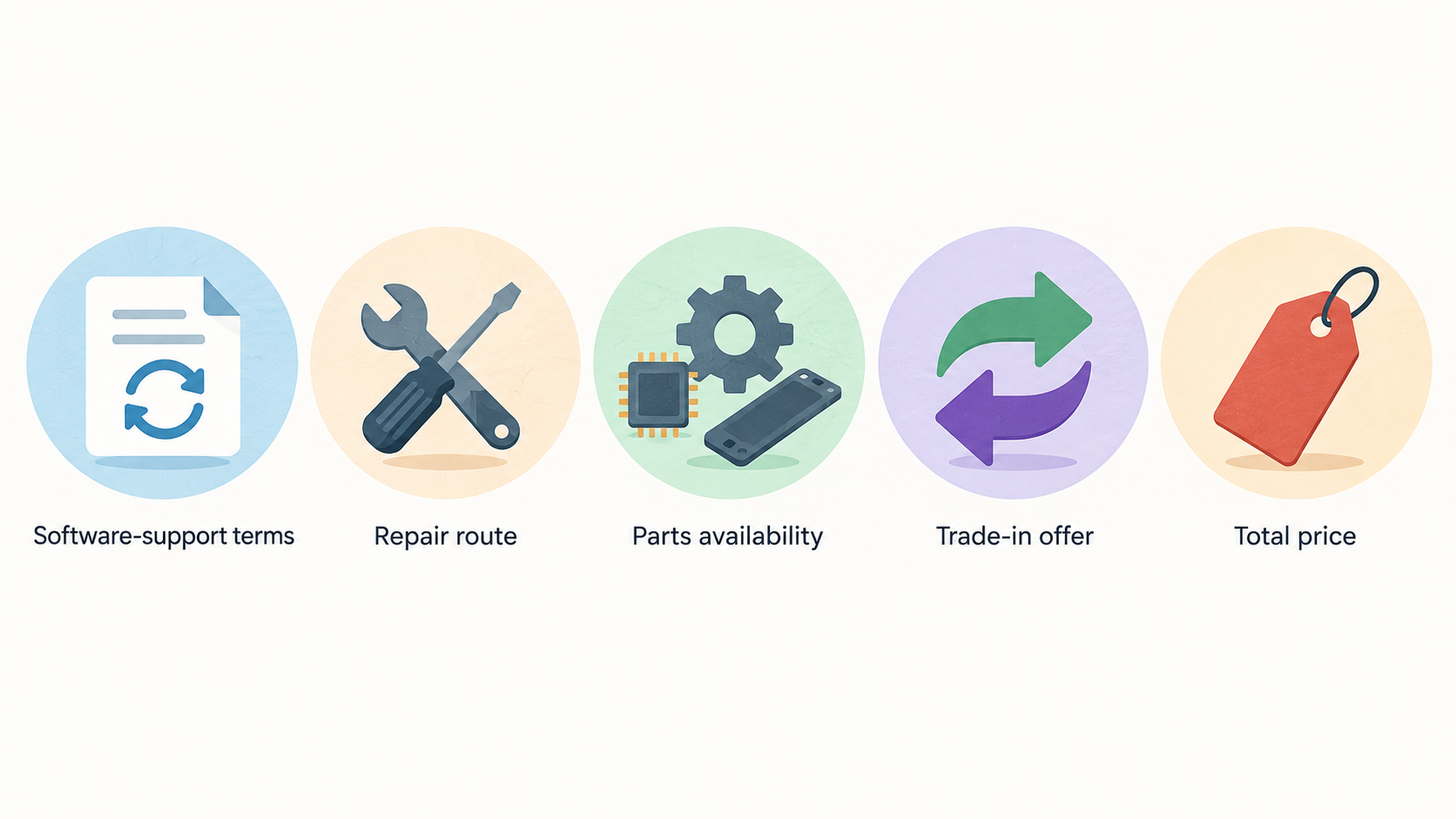 Show the section’s five checks to make before buying as one numbered checklist: software-support terms; repair route; parts availability; trade-in offer; total price.