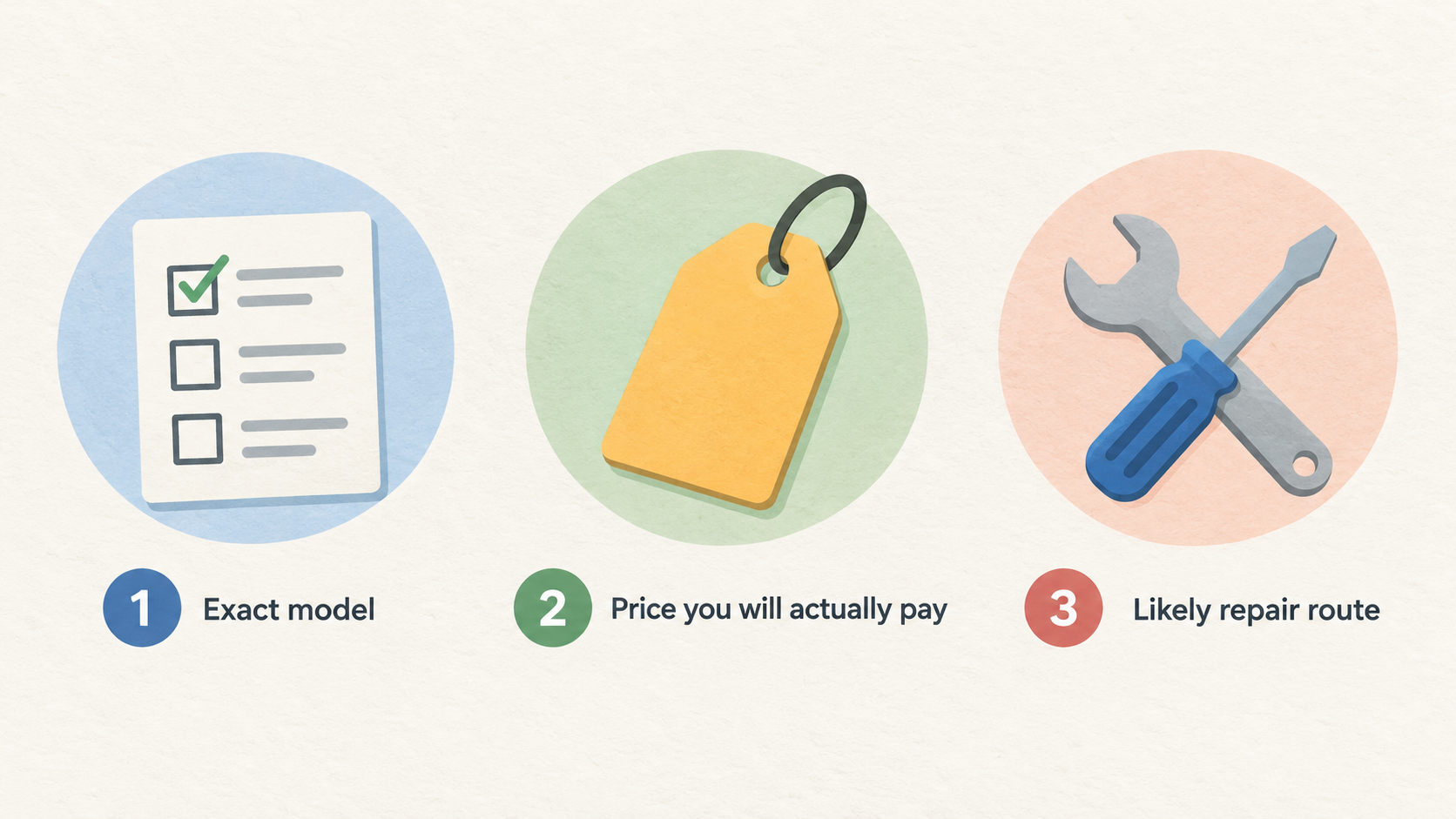 A numbered checklist of the three purchase checks stated in the section: exact UK model, actual price, and likely repair route.