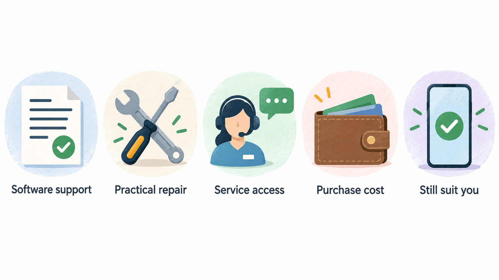 Summarize the section’s stated ownership checks as a three-step numbered checklist: software support, repair and ownership economics.