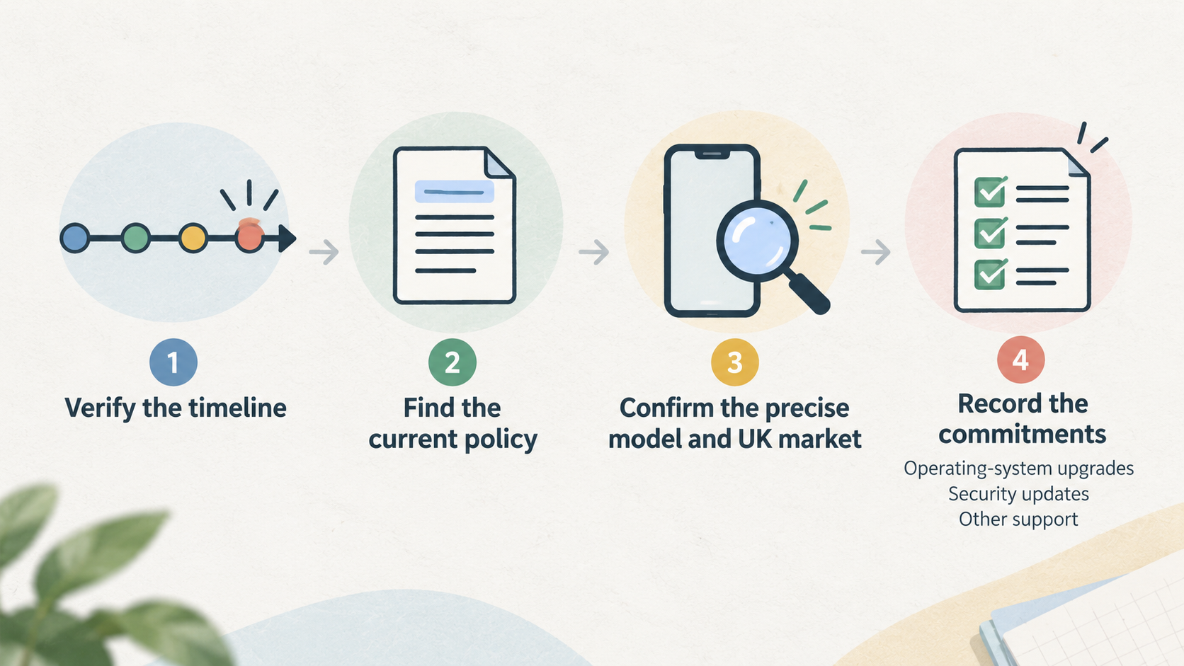 Show one five-point numbered checklist for verifying and recording a phone’s software-support policy and pairing it with repair and warranty information.