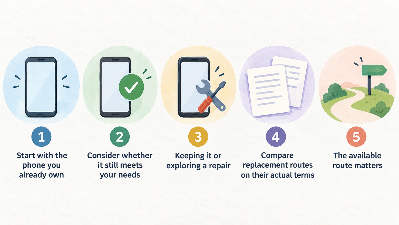 Show one numbered checklist of the five stated needs to consider when reviewing the phone already owned: reliable calls, storage, battery life, software support and day-to-day use.