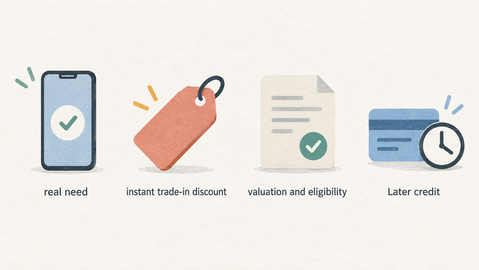Compare the three stated smartphone trade-in value forms in one row: instant discount, later credit and free recycling.