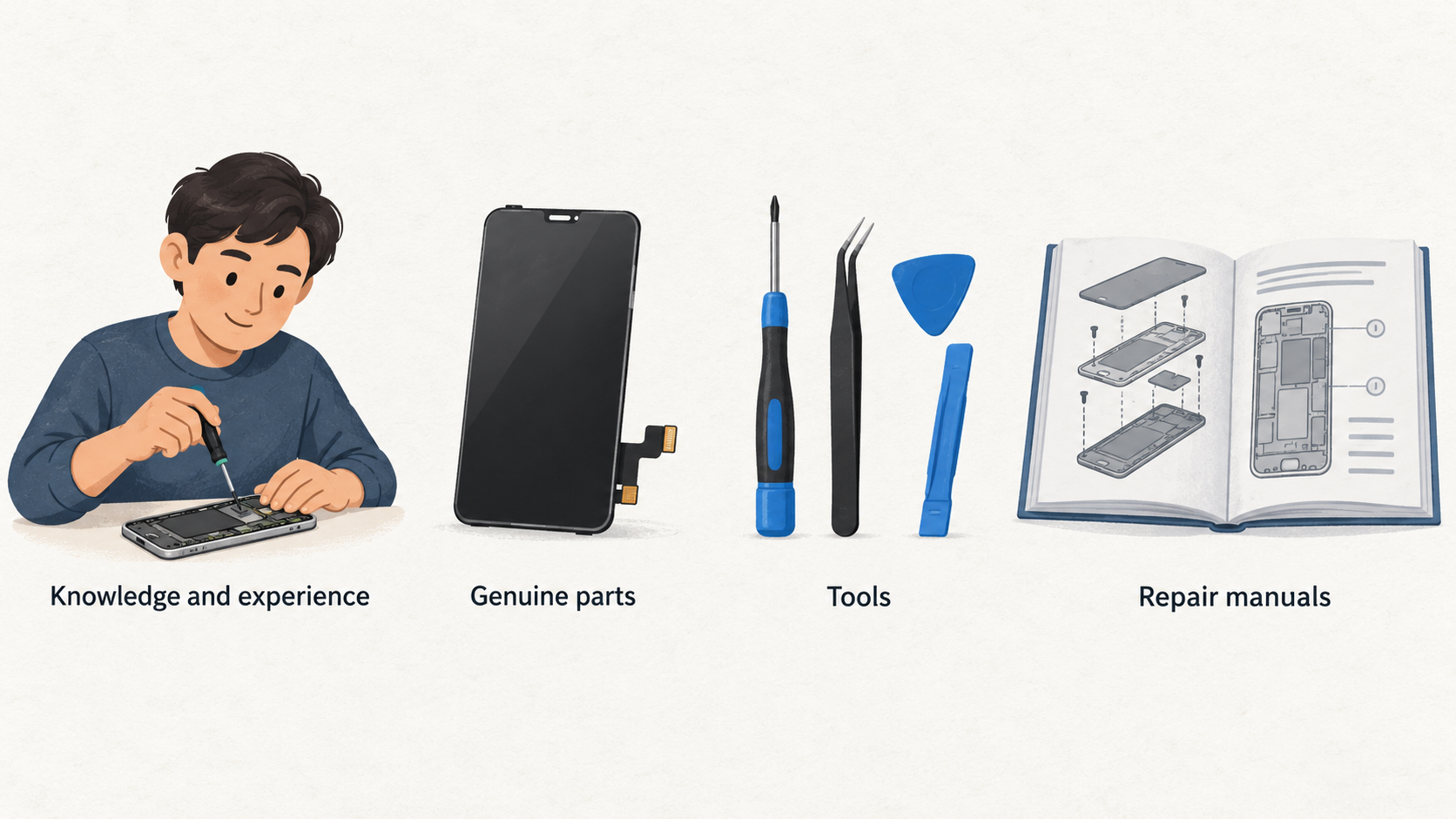 Show one row of three icons labelled “genuine parts”, “tools” and “repair manuals”, the resources the section says the programme provides for certain out-of-warranty repairs.