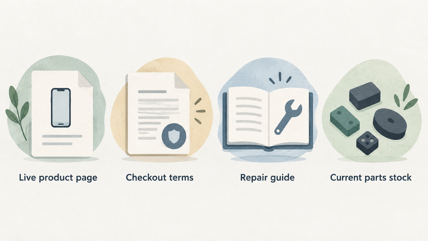 Show one numbered four-point checklist of the stated checks to make before ordering: live product page, checkout terms, model repair guide, and current parts stock.