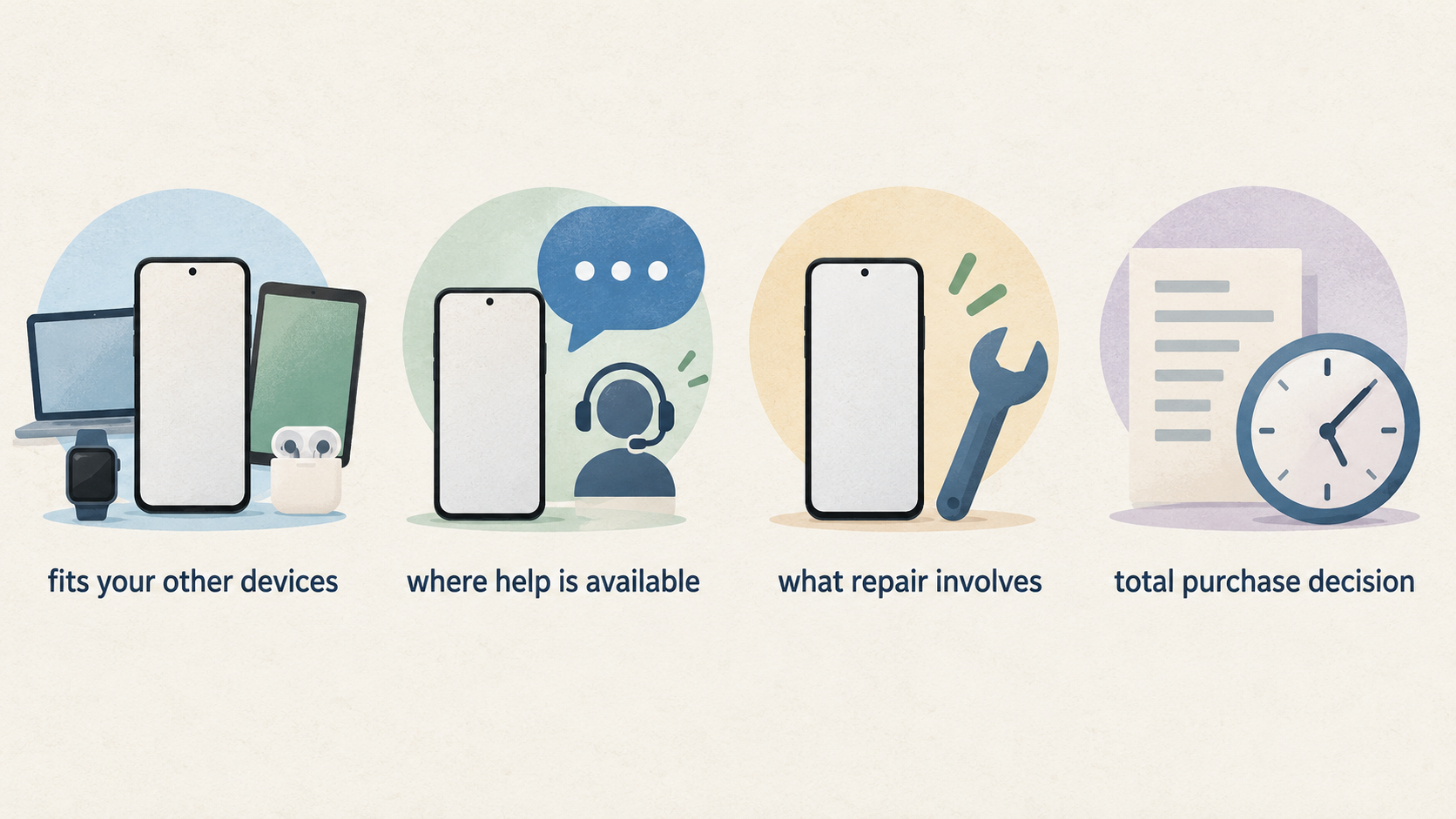 Introduce the article’s comparison of long-term ownership factors: device fit, help, repair and total purchase decision, without suggesting a universal winner.