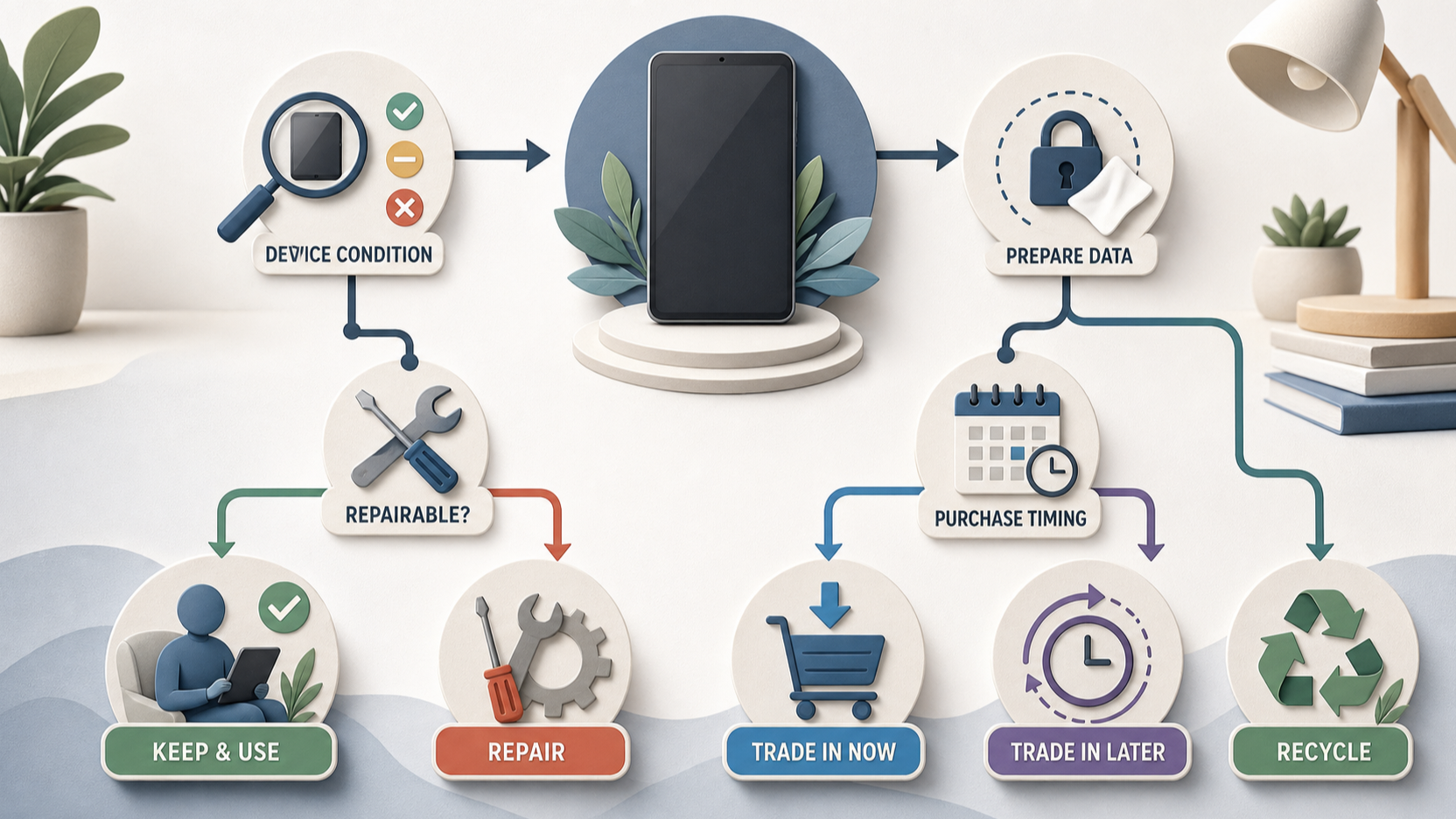 Support the reader's needs-based choice between keeping, repairing, trading in, or recycling a current phone